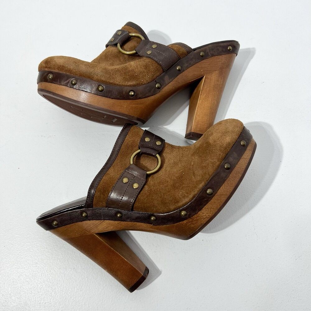 REVOLVE Ralph Lauren Brown Suede Studded Leather Clog Mules with Ring Accent - Picture 7 of 9